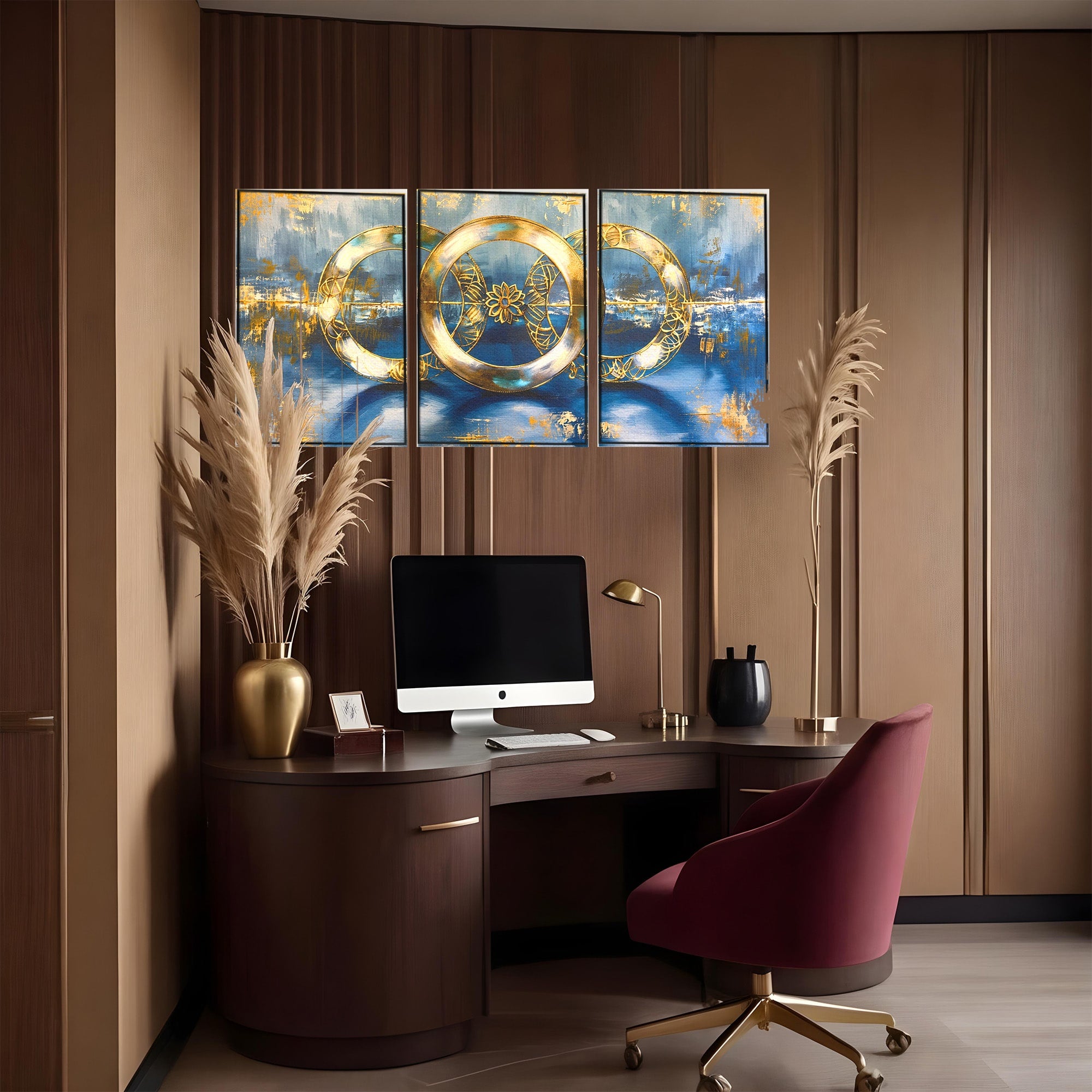 Set 3 Tablouri Canvas Premium LuxCanva® C3-1399, Cercuri Aurii Abstracte, Abstract, Cercuri, Auriu, Modern, Living, Culori Vibrante