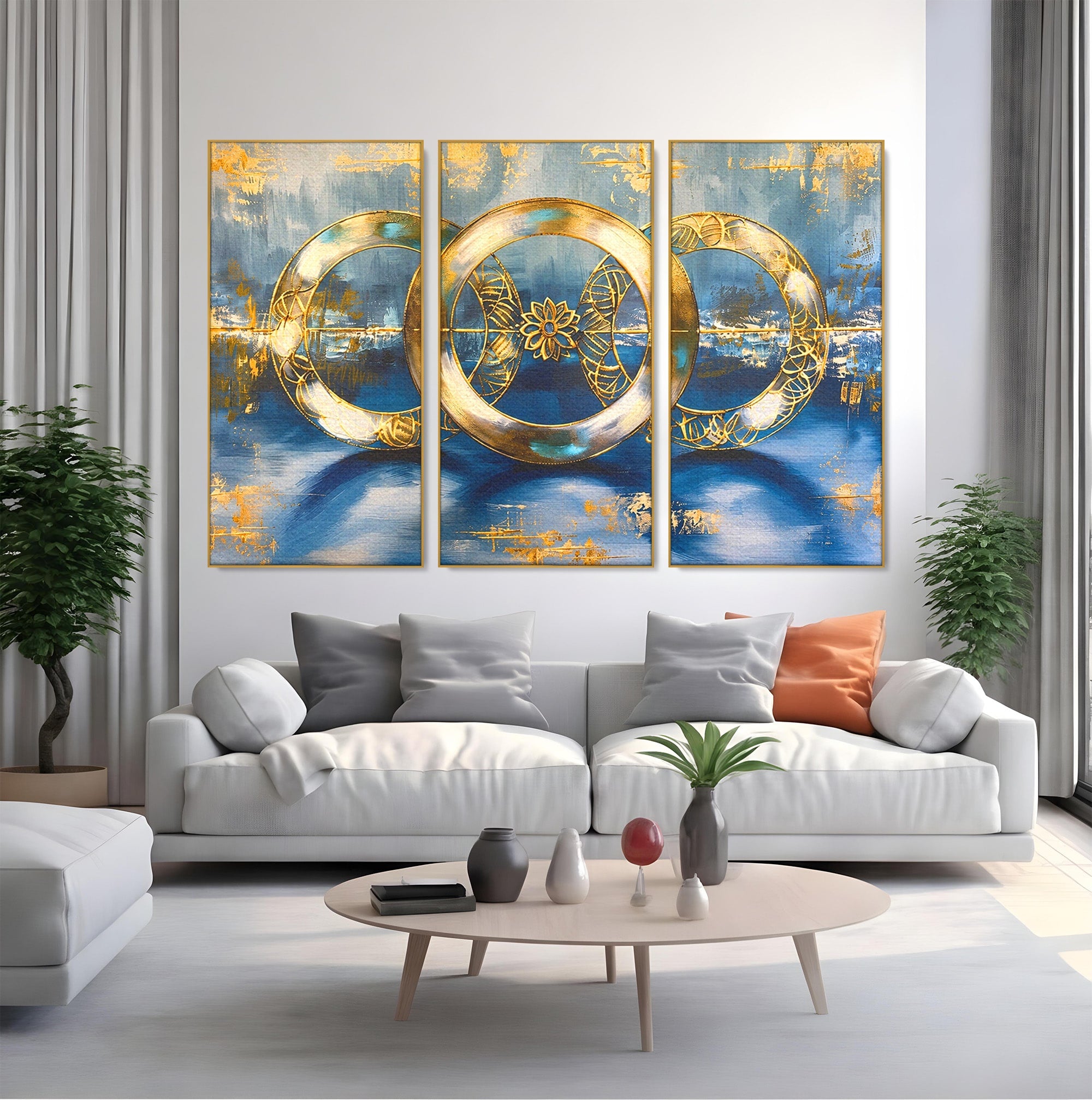 Set 3 Tablouri Canvas Premium LuxCanva® C3-1399, Cercuri Aurii Abstracte, Abstract, Cercuri, Auriu, Modern, Living, Culori Vibrante