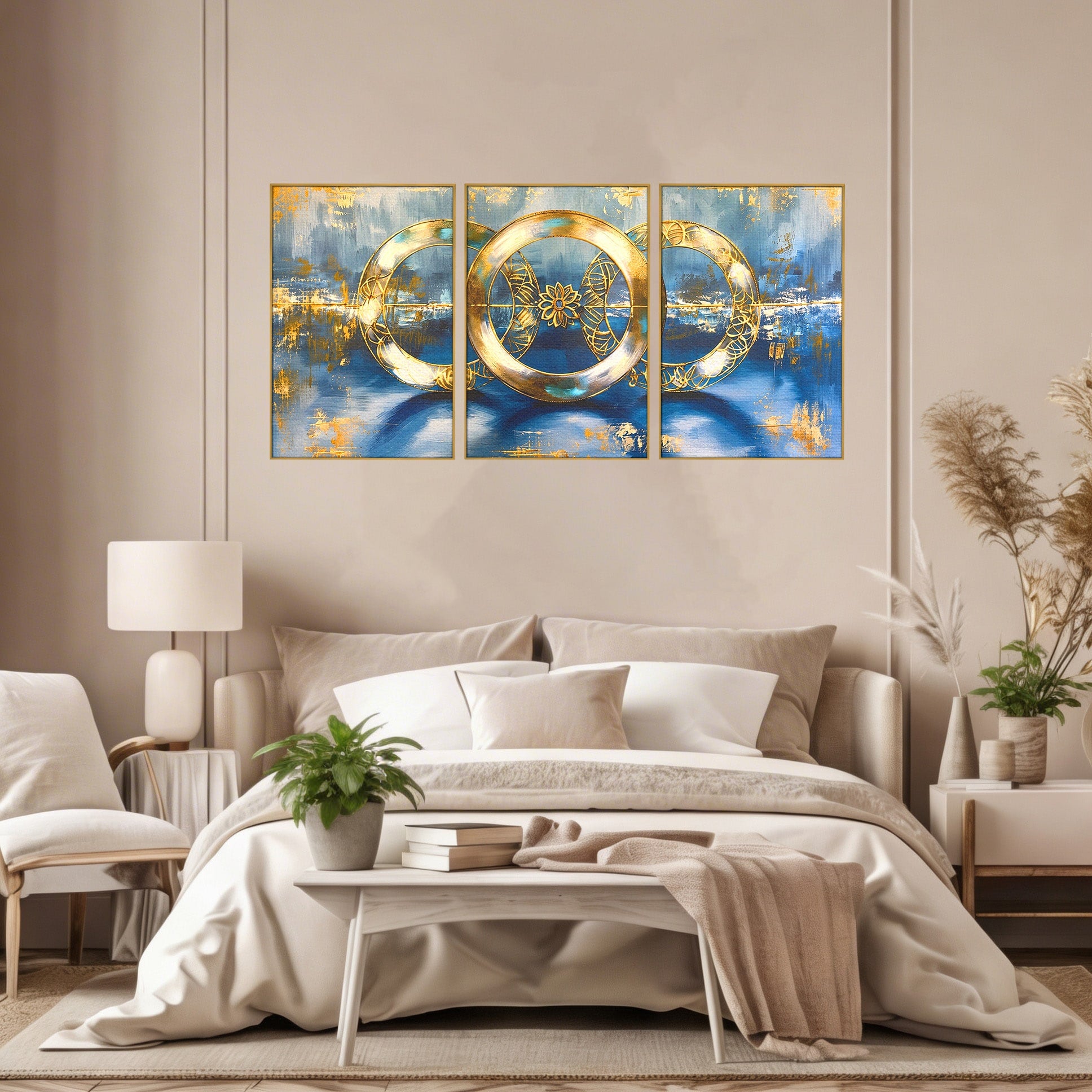 Set 3 Tablouri Canvas Premium LuxCanva® C3-1399, Cercuri Aurii Abstracte, Abstract, Cercuri, Auriu, Modern, Living, Culori Vibrante