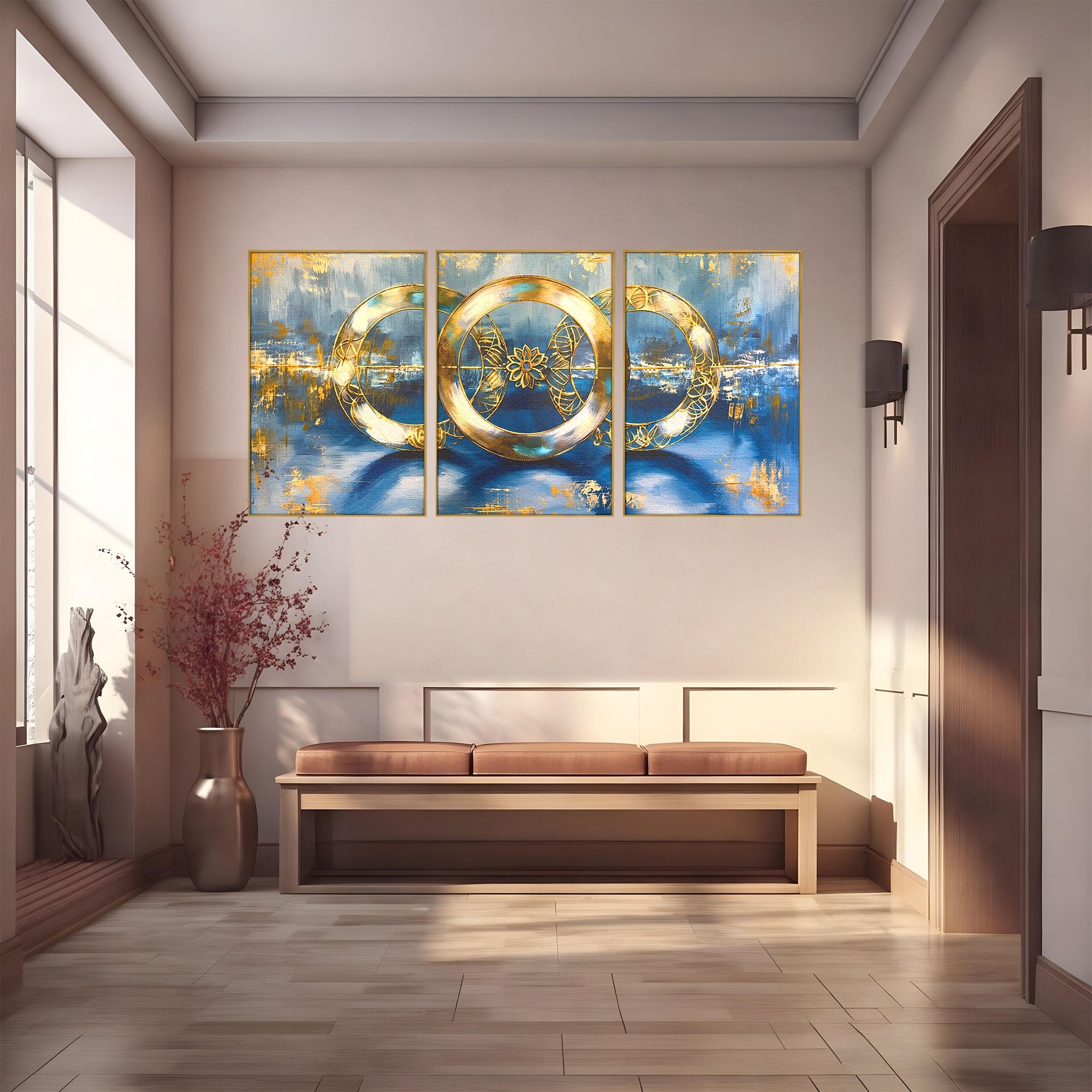 Set 3 Tablouri Canvas Premium LuxCanva® C3-1399, Cercuri Aurii Abstracte, Abstract, Cercuri, Auriu, Modern, Living, Culori Vibrante