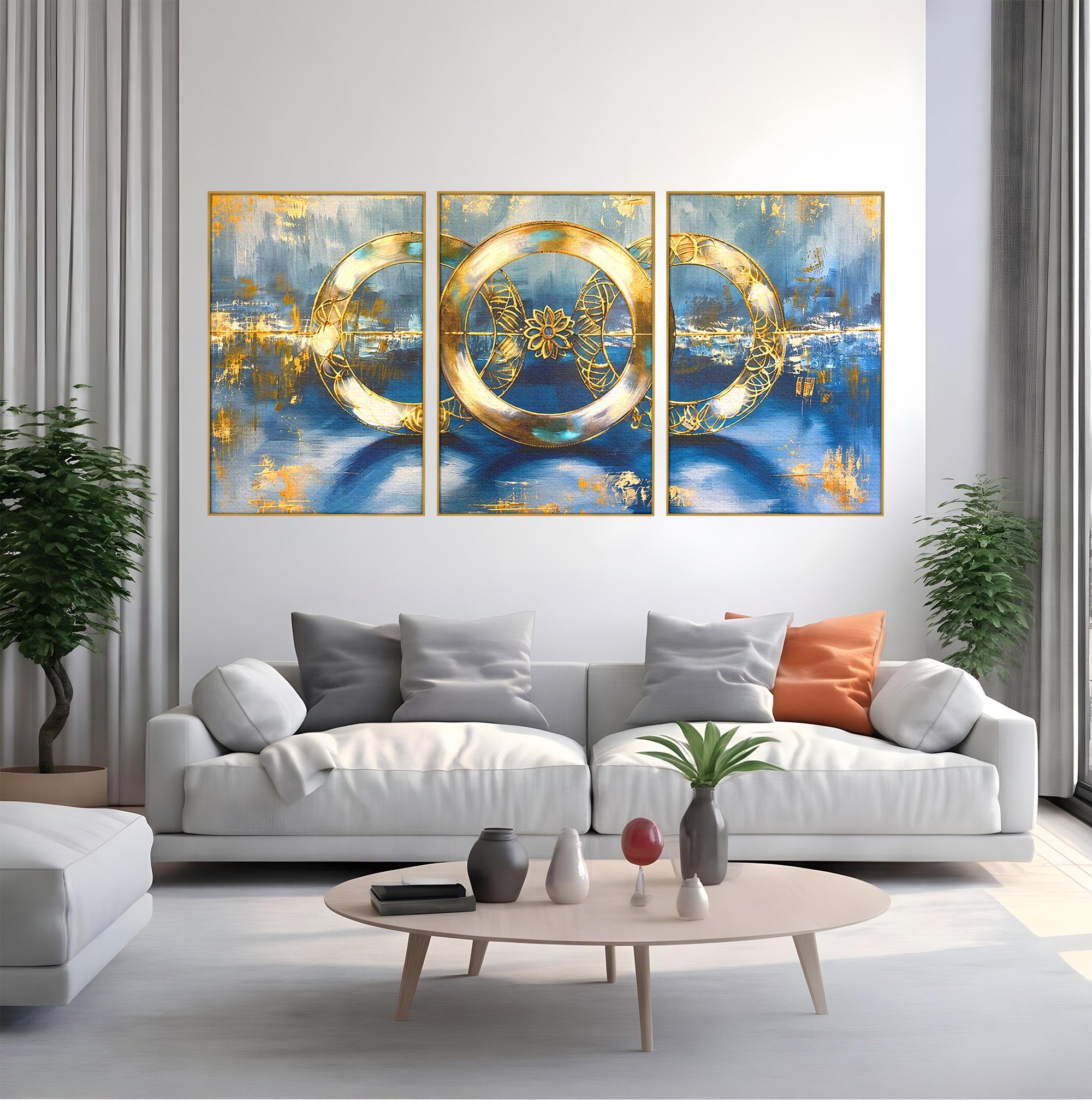 Set 3 Tablouri Canvas Premium LuxCanva® C3-1399, Cercuri Aurii Abstracte, Abstract, Cercuri, Auriu, Modern, Living, Culori Vibrante