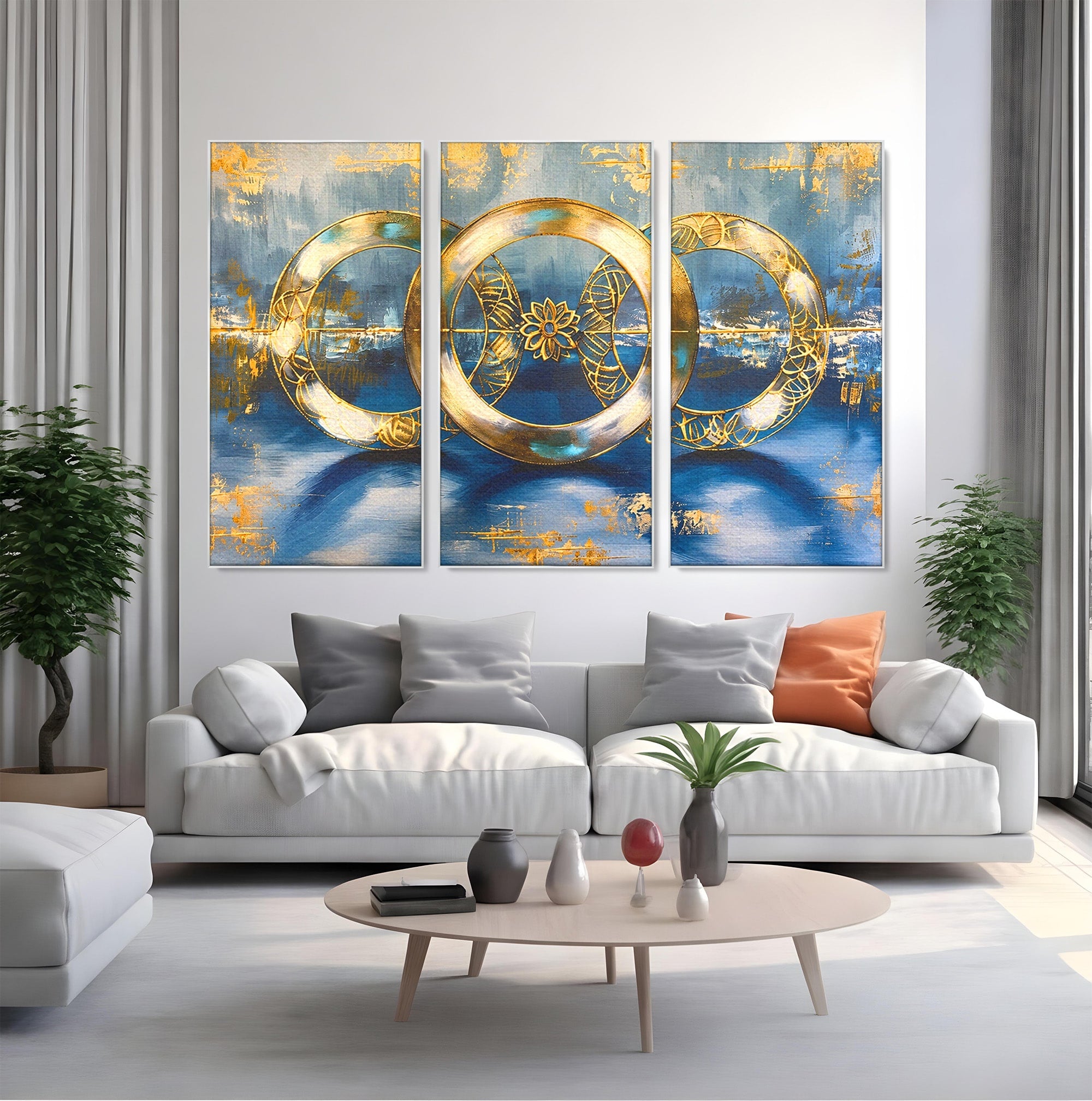 Set 3 Tablouri Canvas Premium LuxCanva® C3-1399, Cercuri Aurii Abstracte, Abstract, Cercuri, Auriu, Modern, Living, Culori Vibrante