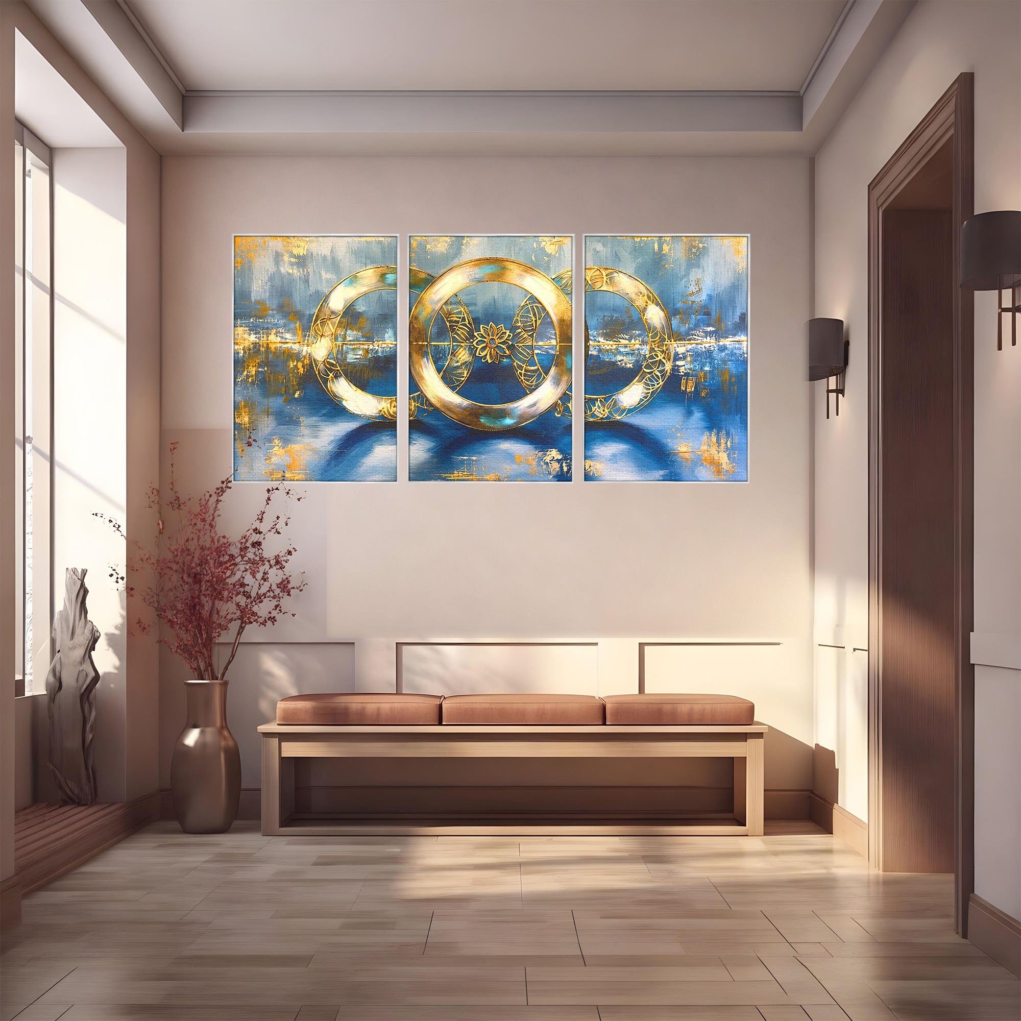Set 3 Tablouri Canvas Premium LuxCanva® C3-1399, Cercuri Aurii Abstracte, Abstract, Cercuri, Auriu, Modern, Living, Culori Vibrante