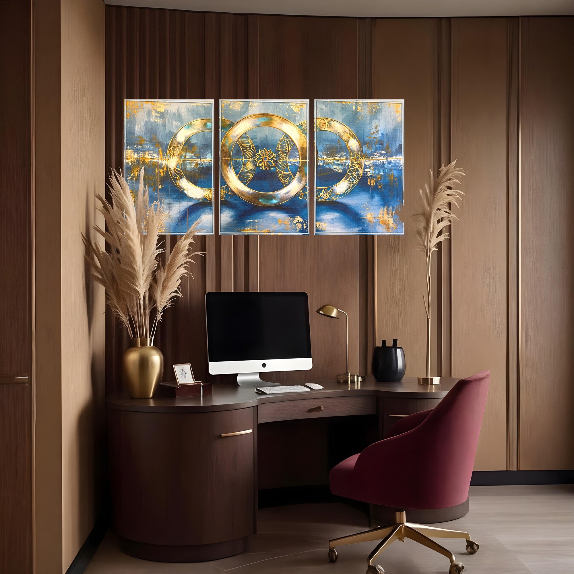 Set 3 Tablouri Canvas Premium LuxCanva® C3-1399, Cercuri Aurii Abstracte, Abstract, Cercuri, Auriu, Modern, Living, Culori Vibrante