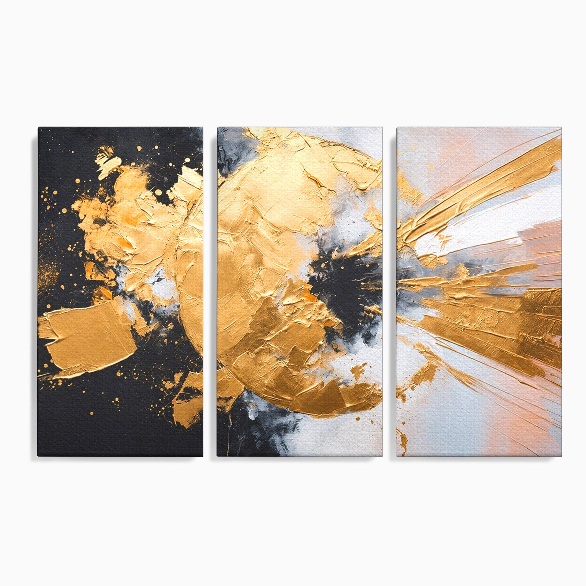 Set 3 Tablouri Canvas Premium LuxCanva® C3-1406, Explozie De Aur, Abstract, Modern, Energetic, Birou, Living, Culori Vibrante