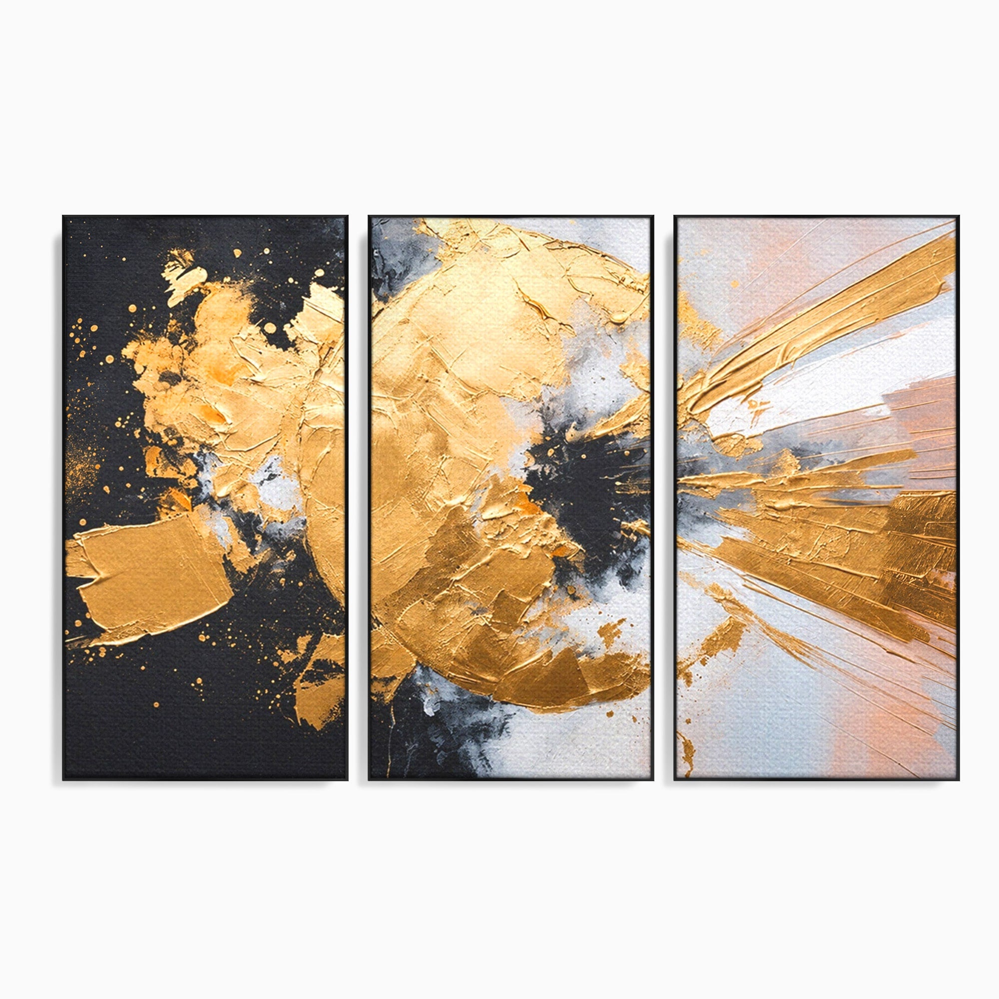 Set 3 Tablouri Canvas Premium LuxCanva® C3-1406, Explozie De Aur, Abstract, Modern, Energetic, Birou, Living, Culori Vibrante