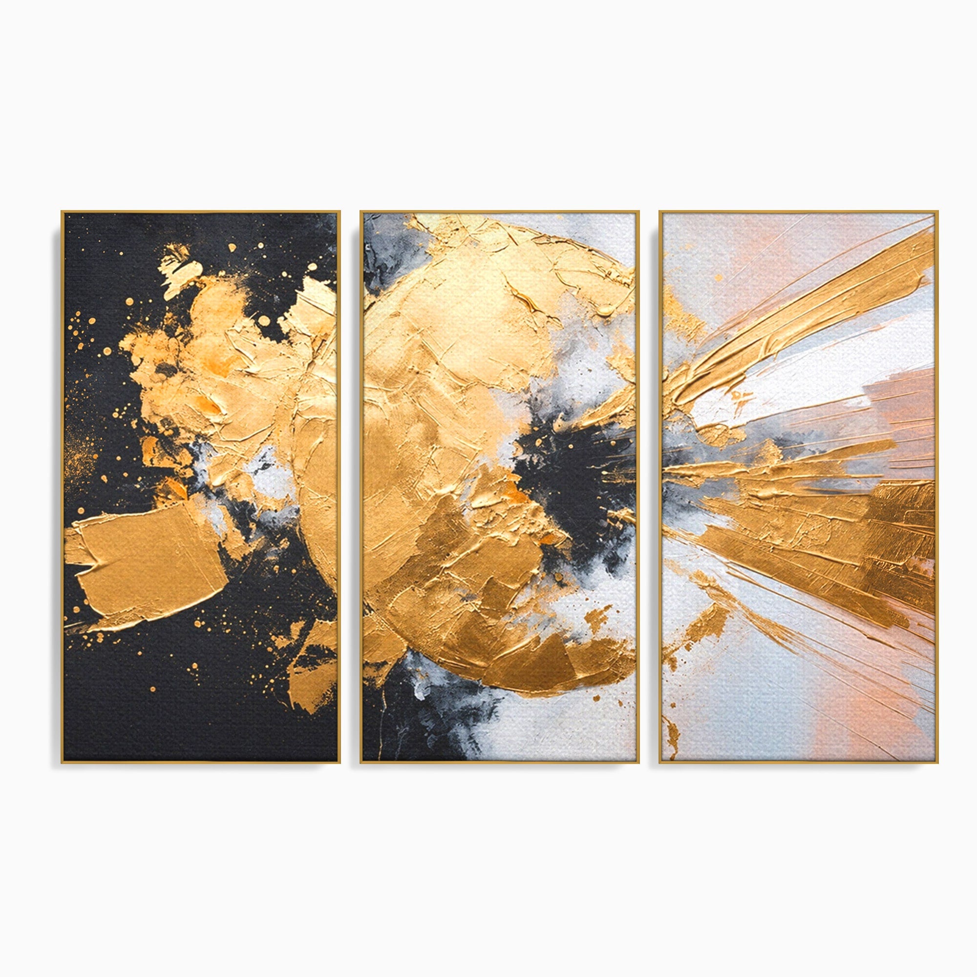 Set 3 Tablouri Canvas Premium LuxCanva® C3-1406, Explozie De Aur, Abstract, Modern, Energetic, Birou, Living, Culori Vibrante
