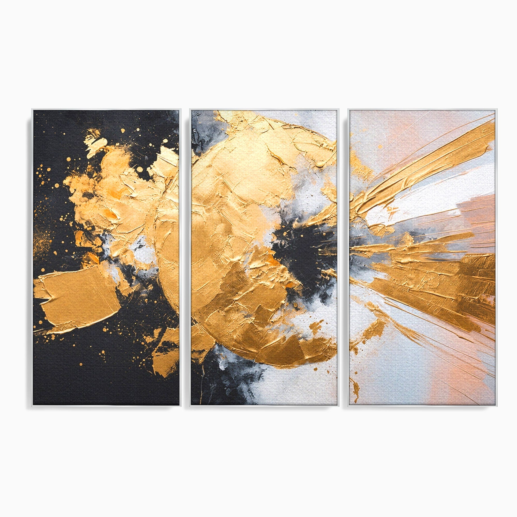 Set 3 Tablouri Canvas Premium LuxCanva® C3-1406, Explozie De Aur, Abstract, Modern, Energetic, Birou, Living, Culori Vibrante