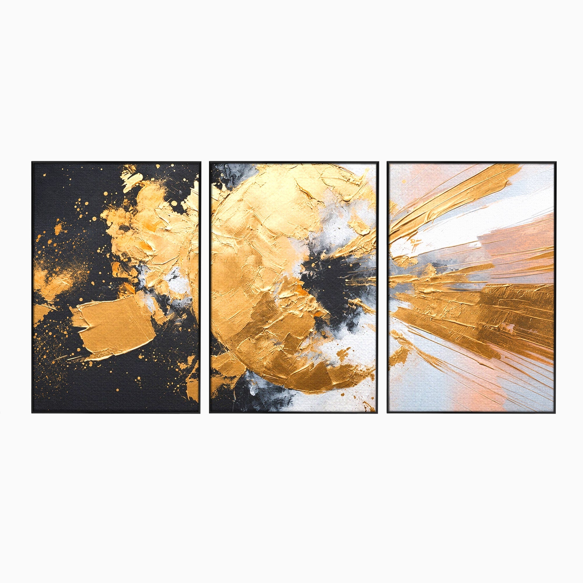 Set 3 Tablouri Canvas Premium LuxCanva® C3-1406, Explozie De Aur, Abstract, Modern, Energetic, Birou, Living, Culori Vibrante