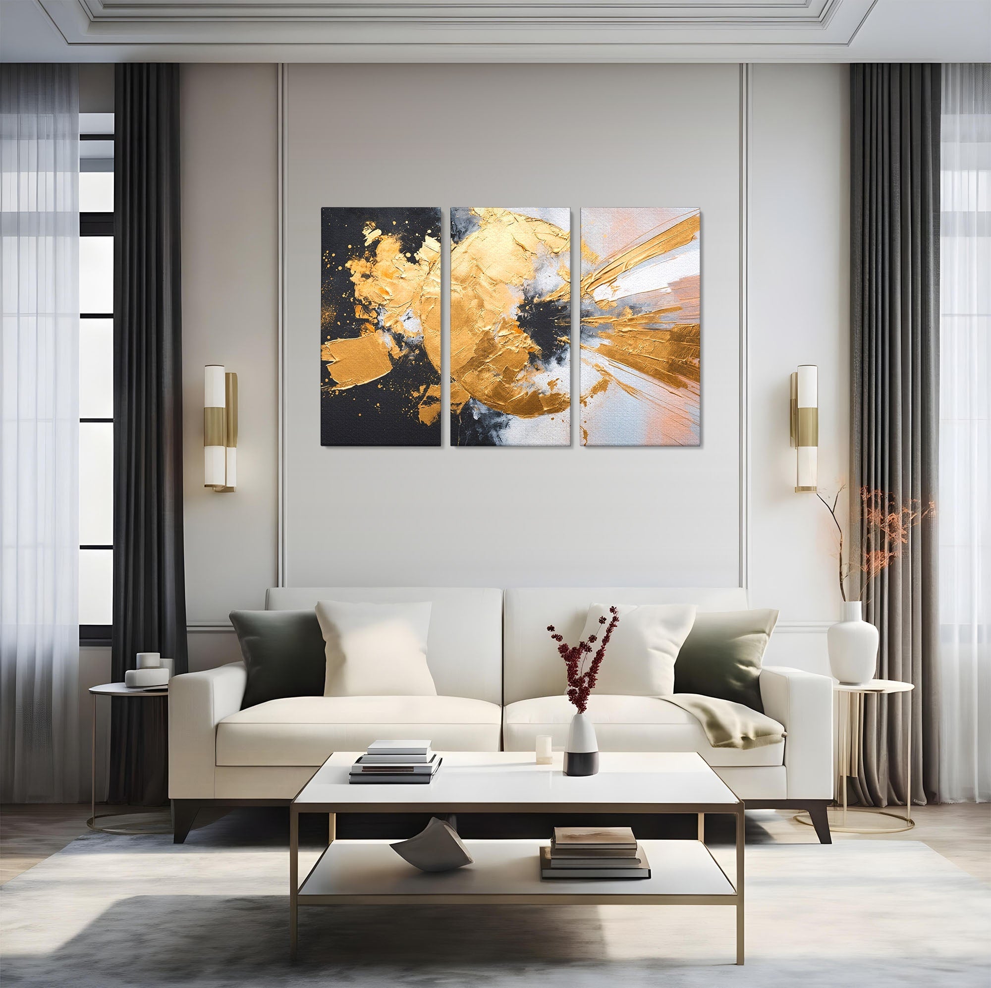 Set 3 Tablouri Canvas Premium LuxCanva® C3-1406, Explozie De Aur, Abstract, Modern, Energetic, Birou, Living, Culori Vibrante