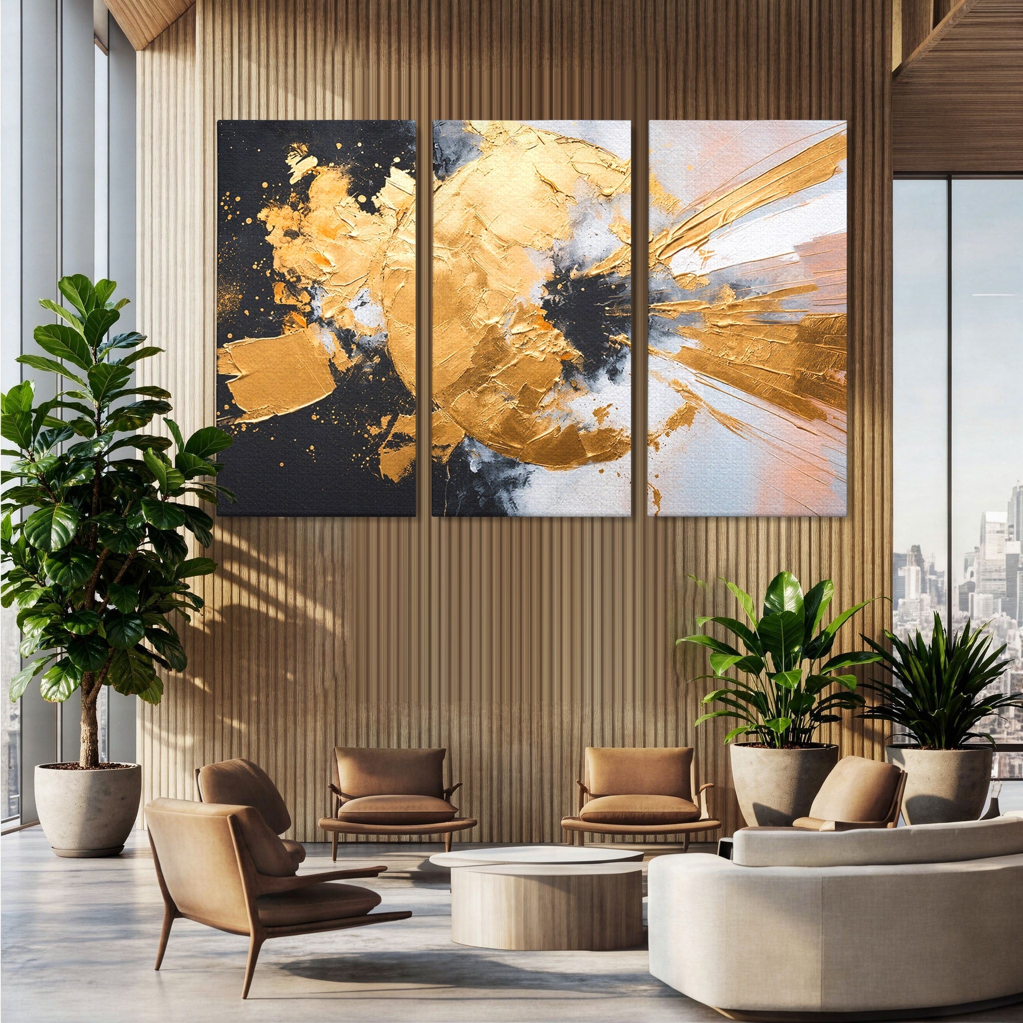 Set 3 Tablouri Canvas Premium LuxCanva® C3-1406, Explozie De Aur, Abstract, Modern, Energetic, Birou, Living, Culori Vibrante