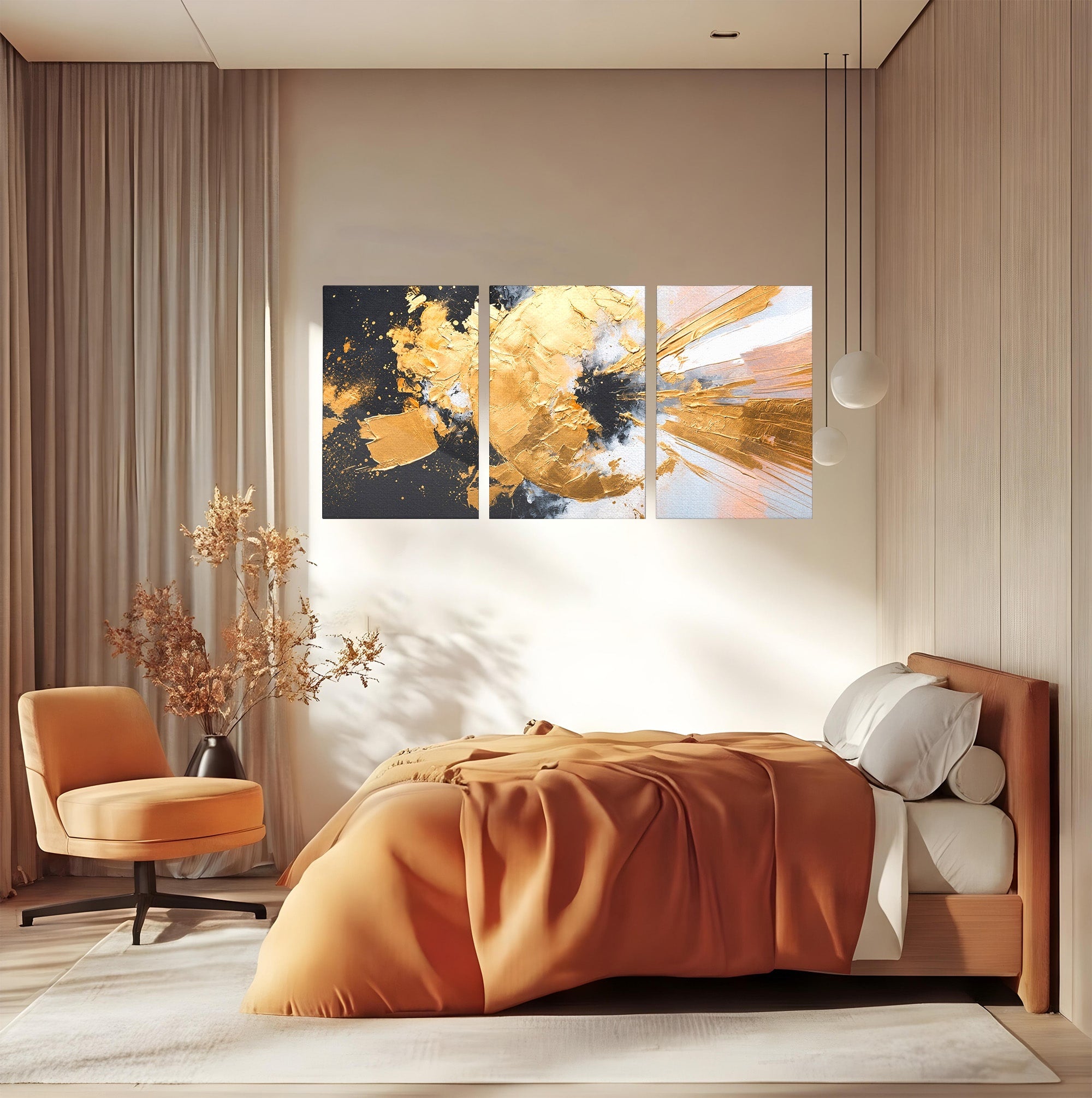 Set 3 Tablouri Canvas Premium LuxCanva® C3-1406, Explozie De Aur, Abstract, Modern, Energetic, Birou, Living, Culori Vibrante