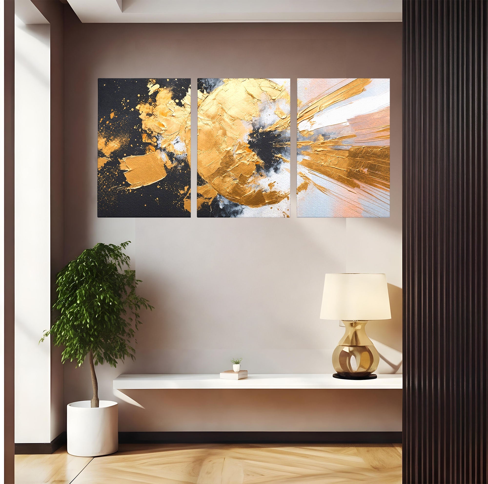 Set 3 Tablouri Canvas Premium LuxCanva® C3-1406, Explozie De Aur, Abstract, Modern, Energetic, Birou, Living, Culori Vibrante