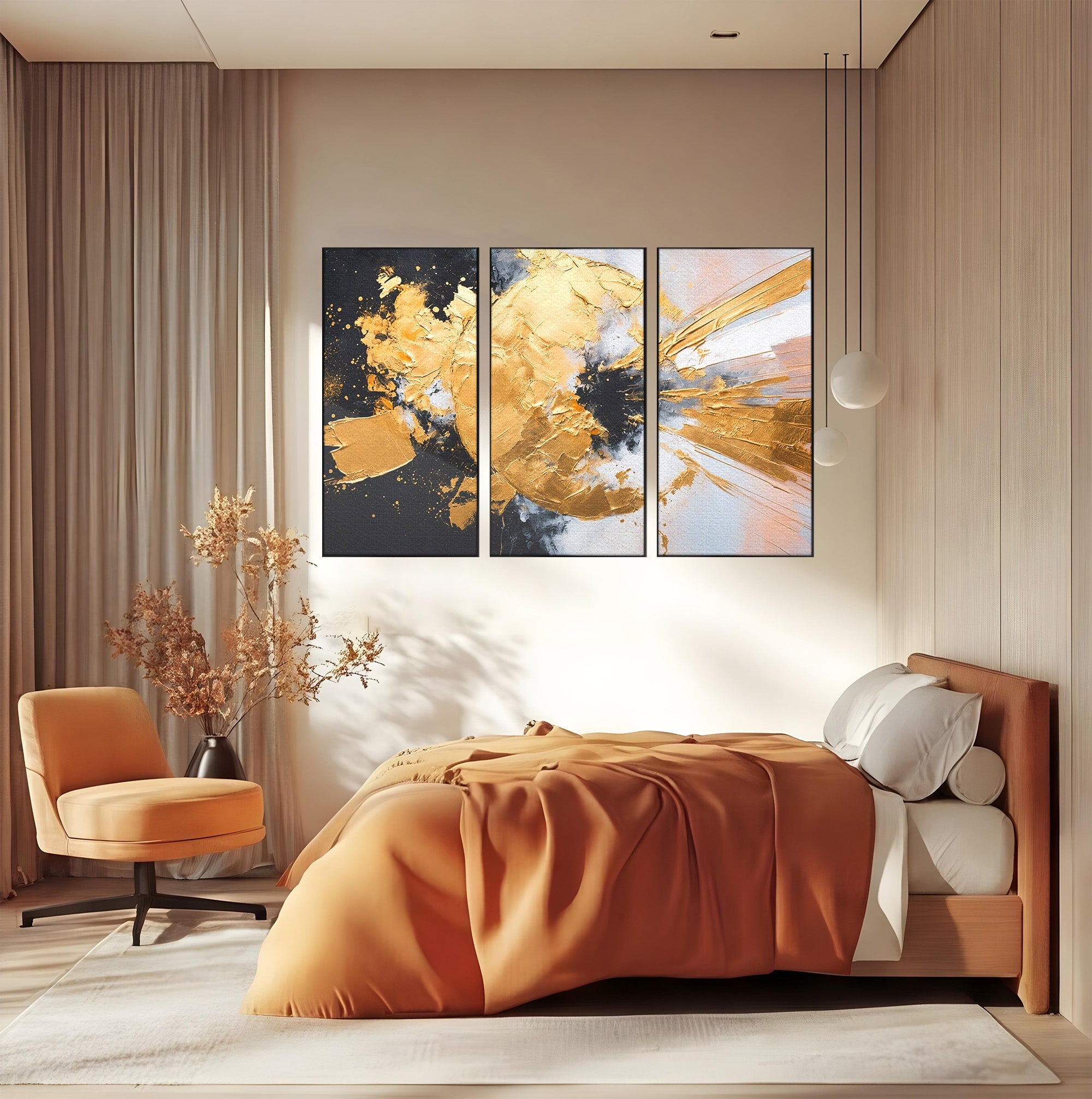 Set 3 Tablouri Canvas Premium LuxCanva® C3-1406, Explozie De Aur, Abstract, Modern, Energetic, Birou, Living, Culori Vibrante
