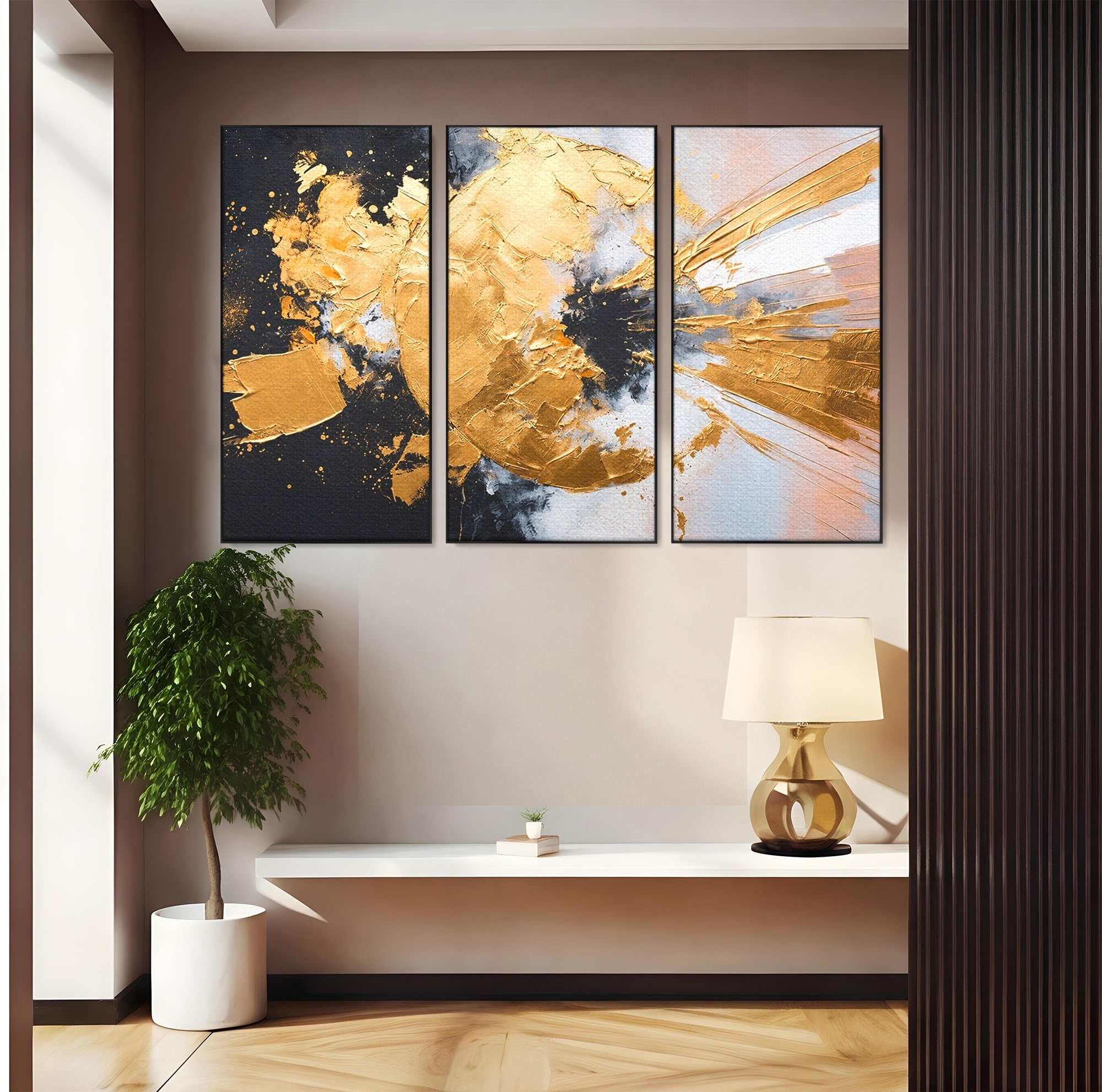 Set 3 Tablouri Canvas Premium LuxCanva® C3-1406, Explozie De Aur, Abstract, Modern, Energetic, Birou, Living, Culori Vibrante