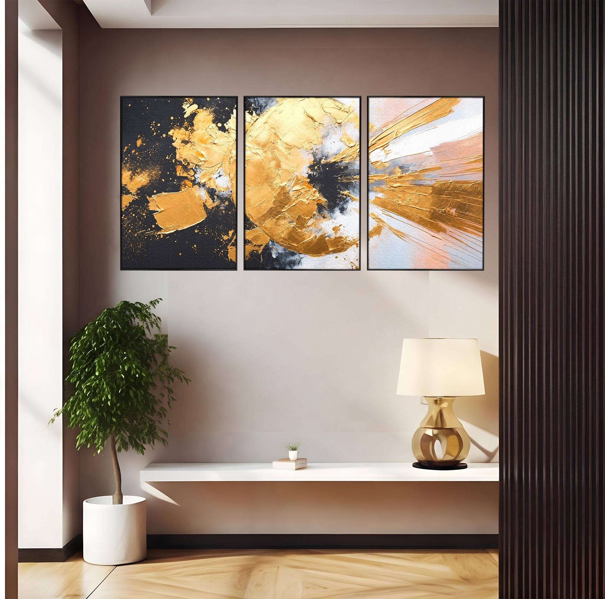 Set 3 Tablouri Canvas Premium LuxCanva® C3-1406, Explozie De Aur, Abstract, Modern, Energetic, Birou, Living, Culori Vibrante