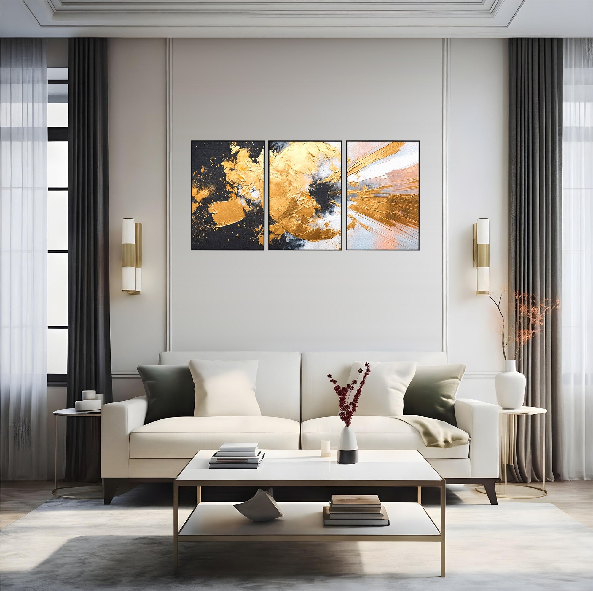 Set 3 Tablouri Canvas Premium LuxCanva® C3-1406, Explozie De Aur, Abstract, Modern, Energetic, Birou, Living, Culori Vibrante