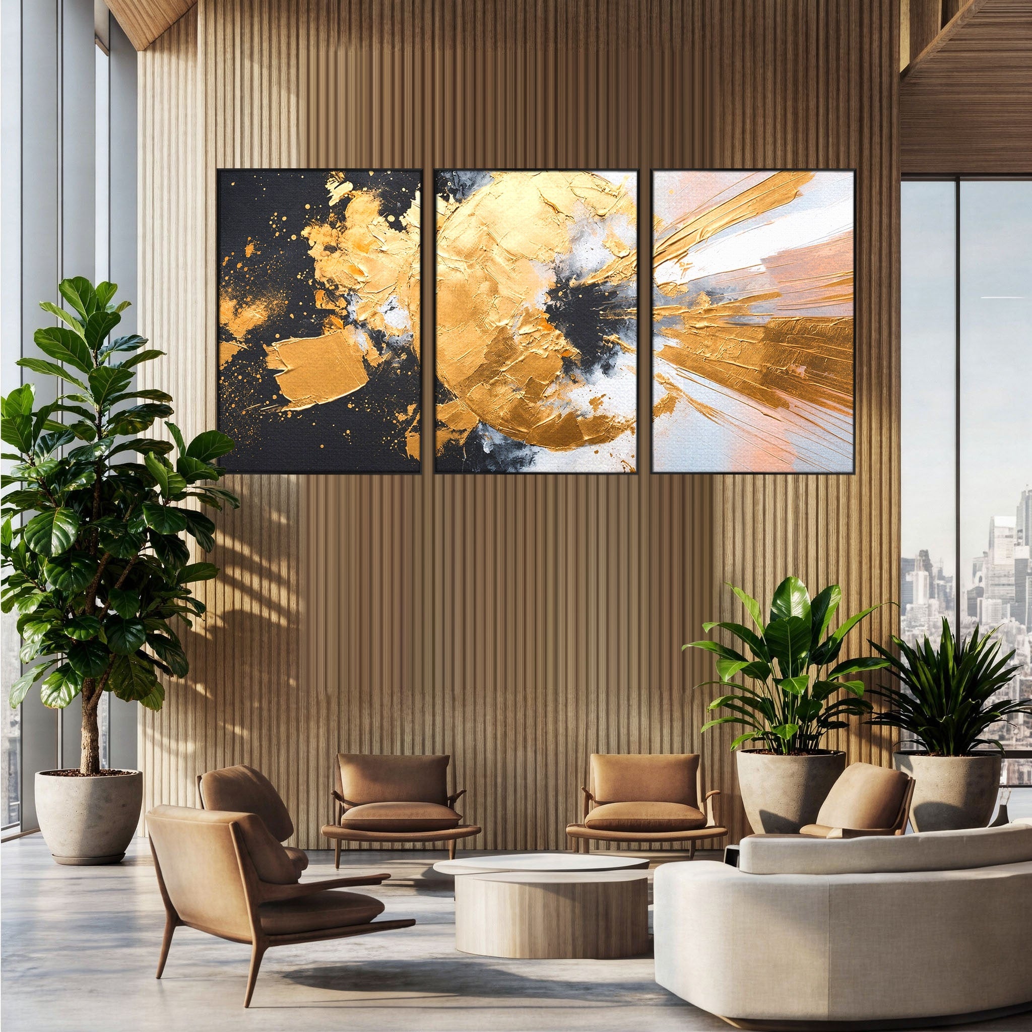 Set 3 Tablouri Canvas Premium LuxCanva® C3-1406, Explozie De Aur, Abstract, Modern, Energetic, Birou, Living, Culori Vibrante