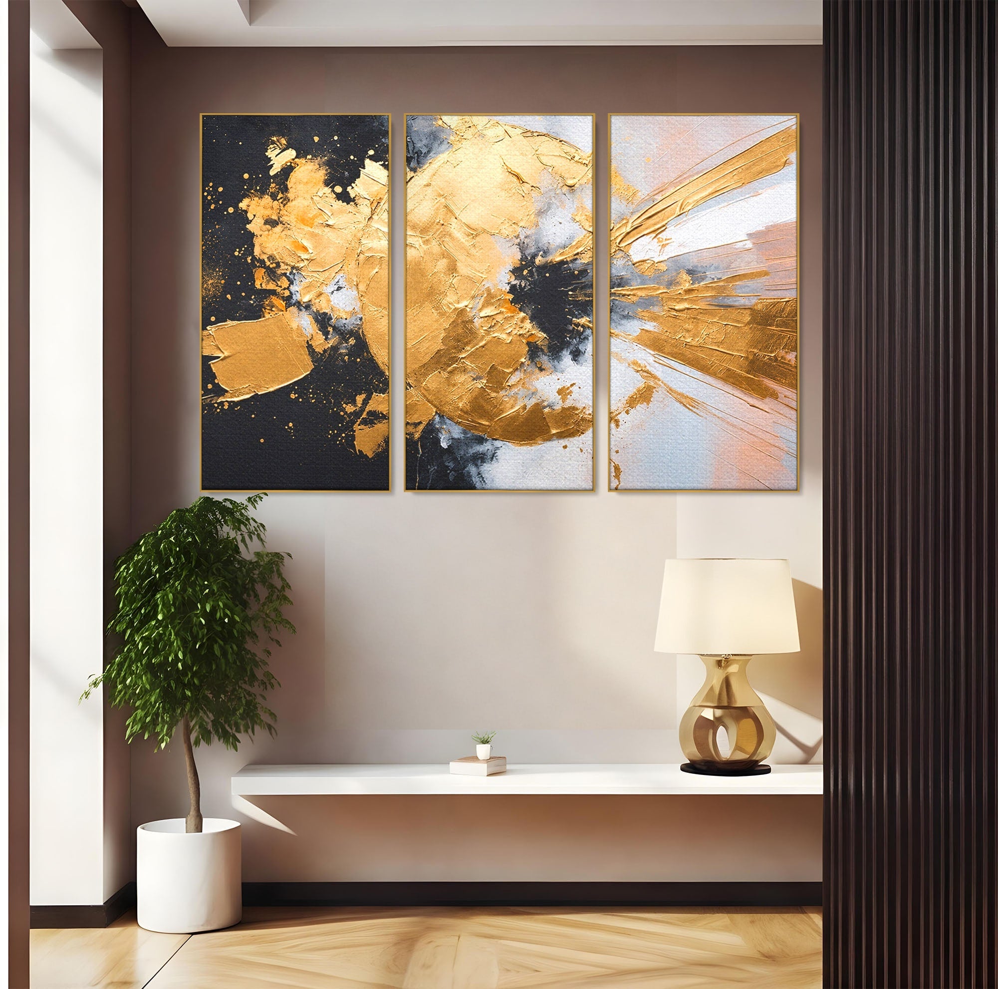 Set 3 Tablouri Canvas Premium LuxCanva® C3-1406, Explozie De Aur, Abstract, Modern, Energetic, Birou, Living, Culori Vibrante