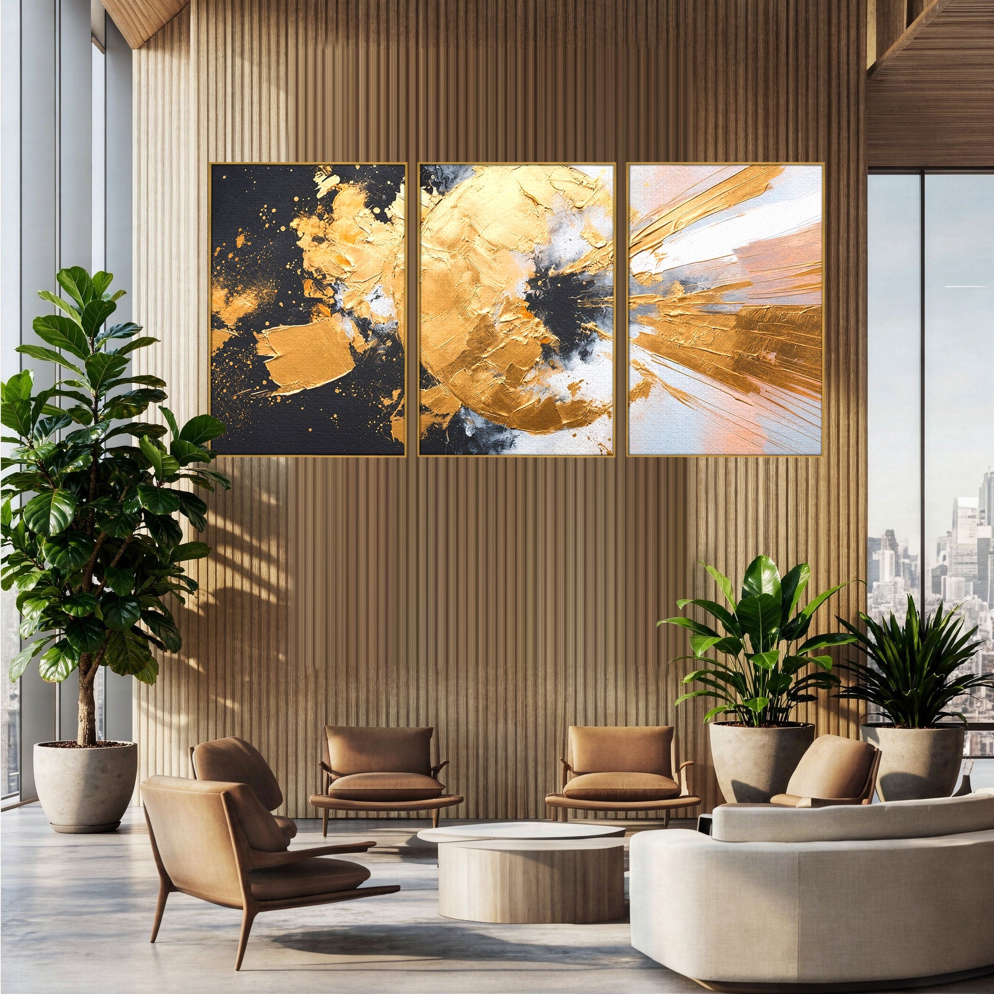 Set 3 Tablouri Canvas Premium LuxCanva® C3-1406, Explozie De Aur, Abstract, Modern, Energetic, Birou, Living, Culori Vibrante