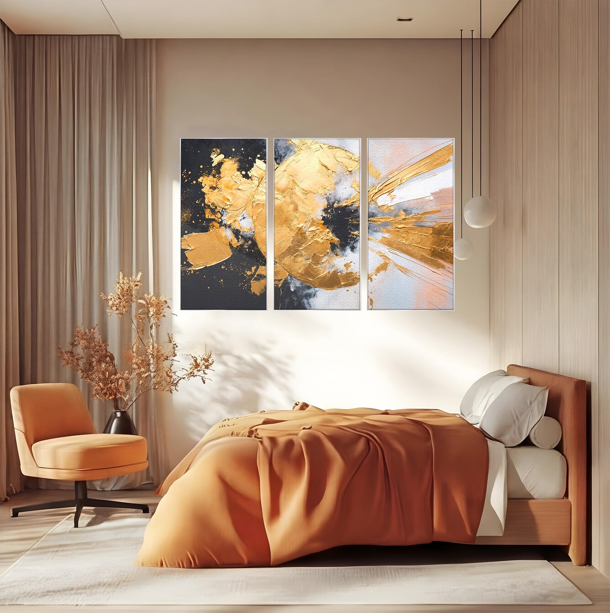 Set 3 Tablouri Canvas Premium LuxCanva® C3-1406, Explozie De Aur, Abstract, Modern, Energetic, Birou, Living, Culori Vibrante