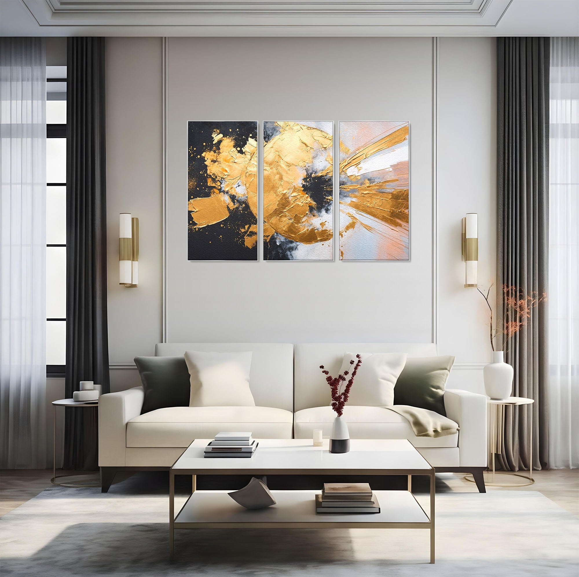 Set 3 Tablouri Canvas Premium LuxCanva® C3-1406, Explozie De Aur, Abstract, Modern, Energetic, Birou, Living, Culori Vibrante