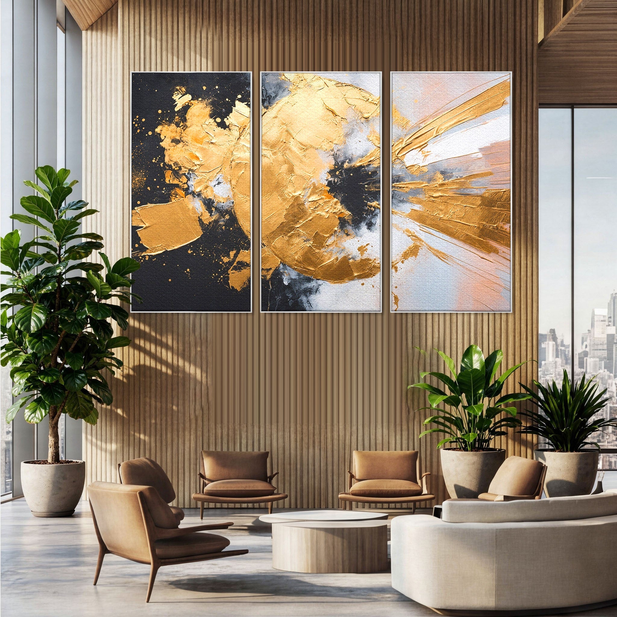 Set 3 Tablouri Canvas Premium LuxCanva® C3-1406, Explozie De Aur, Abstract, Modern, Energetic, Birou, Living, Culori Vibrante