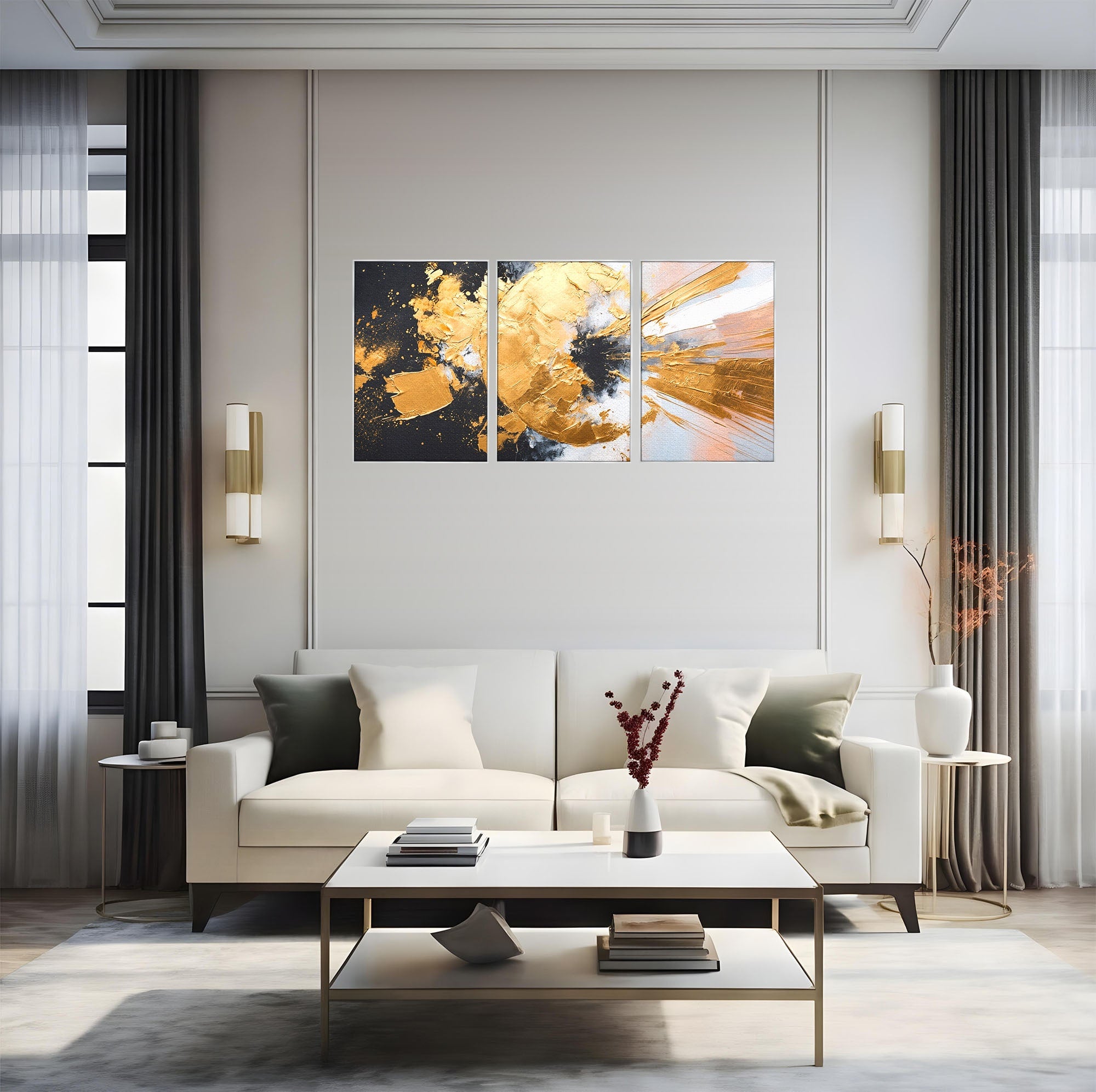 Set 3 Tablouri Canvas Premium LuxCanva® C3-1406, Explozie De Aur, Abstract, Modern, Energetic, Birou, Living, Culori Vibrante