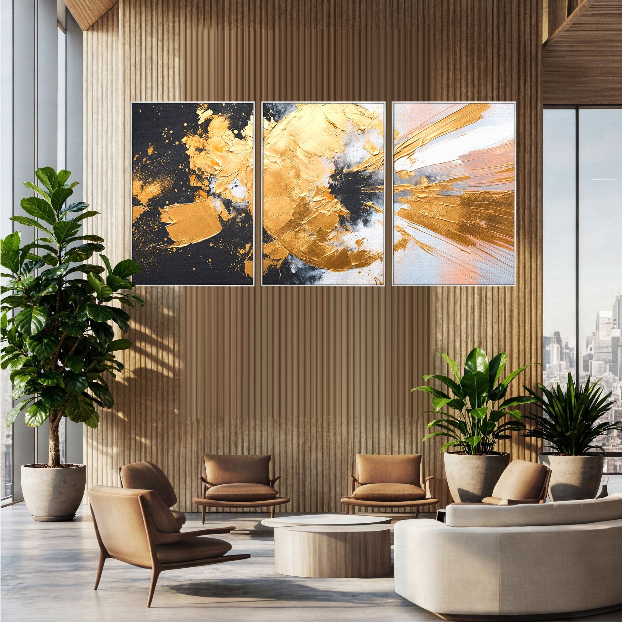 Set 3 Tablouri Canvas Premium LuxCanva® C3-1406, Explozie De Aur, Abstract, Modern, Energetic, Birou, Living, Culori Vibrante