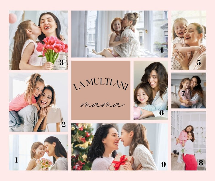 A Tablou Canvas Personalizat cu 9 Poze Pentru Ziua Mamei de la LuxCanva®, cu colaj foto și mesaj "La multi ani, mama" pe fundal roz-cadoul ideal pentru mama sau decor special de Ziua Mamei.