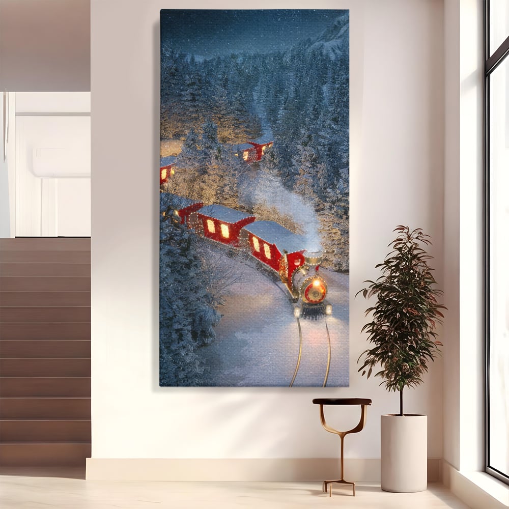Tablou Canvas Premium LuxCanva® D1000, Trenul lui Mos Craciun , Relaxare, Craciun, Cadouri, Rosu, Zapada, Camera Copii, Culori Vibrante
