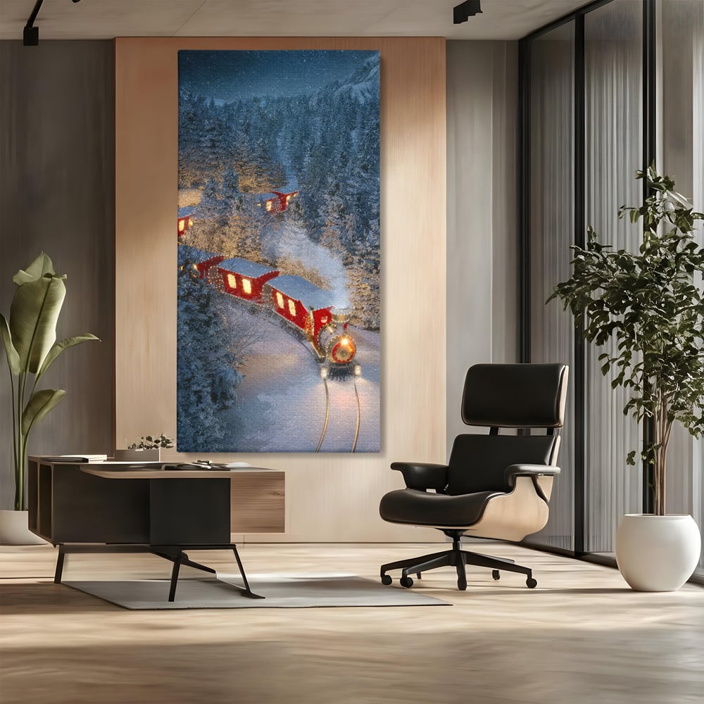 Tablou Canvas Premium LuxCanva® D1000, Trenul lui Mos Craciun , Relaxare, Craciun, Cadouri, Rosu, Zapada, Camera Copii, Culori Vibrante