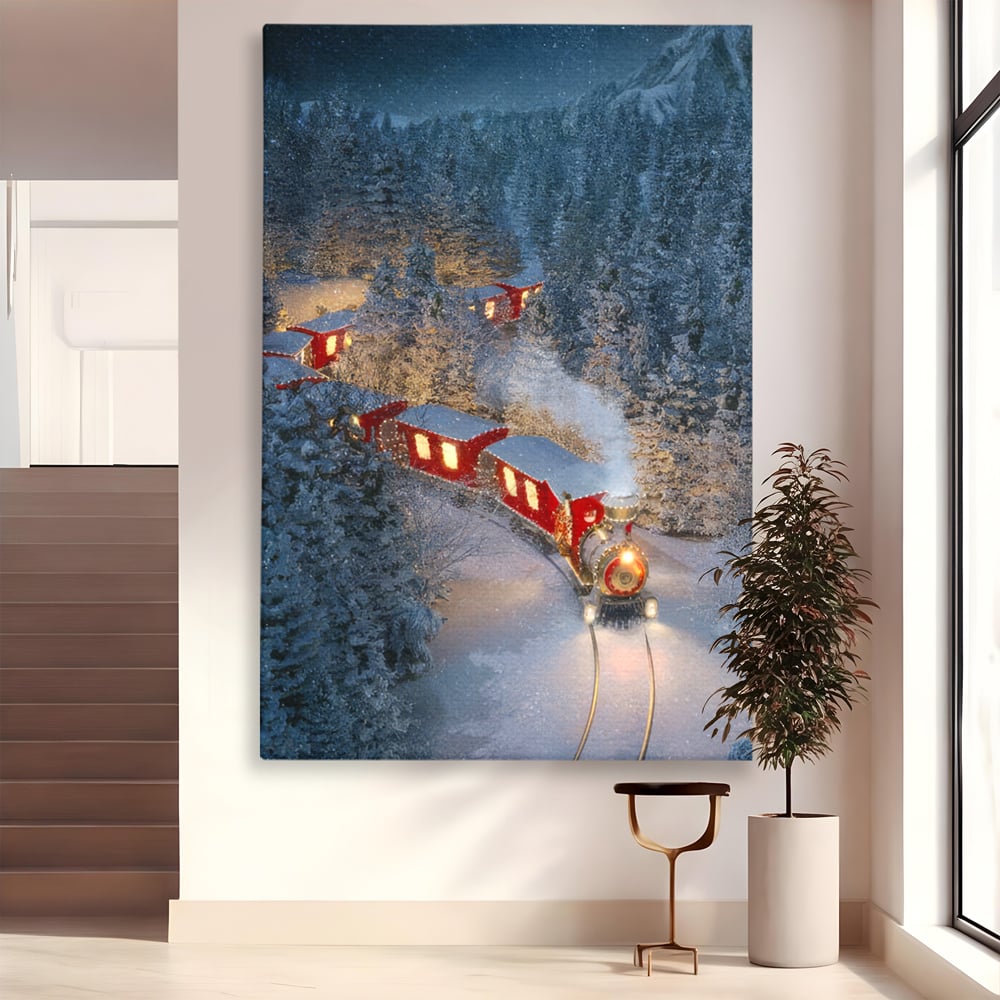 Tablou Canvas Premium LuxCanva® D1000, Trenul lui Mos Craciun , Relaxare, Craciun, Cadouri, Rosu, Zapada, Camera Copii, Culori Vibrante