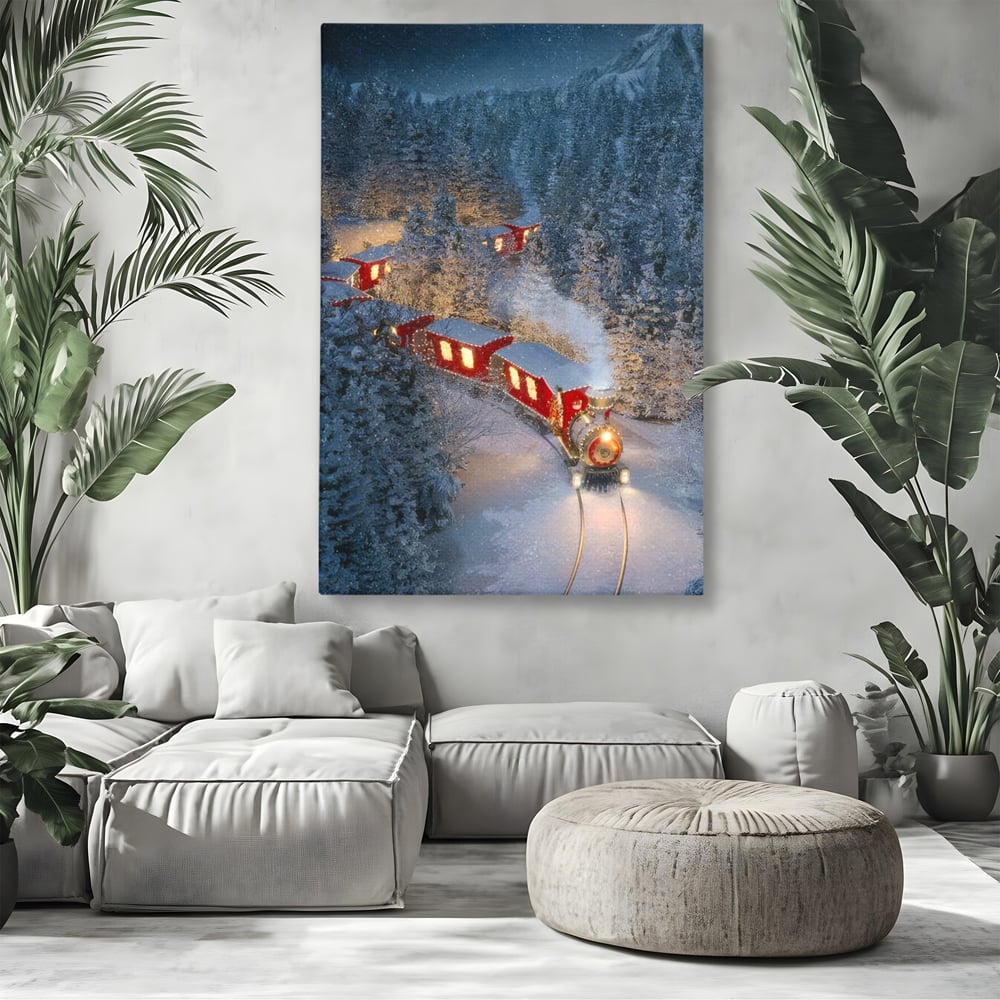 Tablou Canvas Premium LuxCanva® D1000, Trenul lui Mos Craciun , Relaxare, Craciun, Cadouri, Rosu, Zapada, Camera Copii, Culori Vibrante