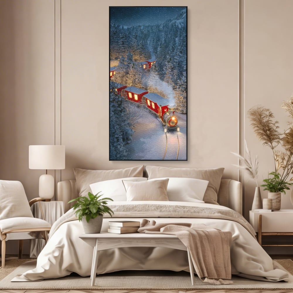 Tablou Canvas Premium LuxCanva® D1000, Trenul lui Mos Craciun , Relaxare, Craciun, Cadouri, Rosu, Zapada, Camera Copii, Culori Vibrante