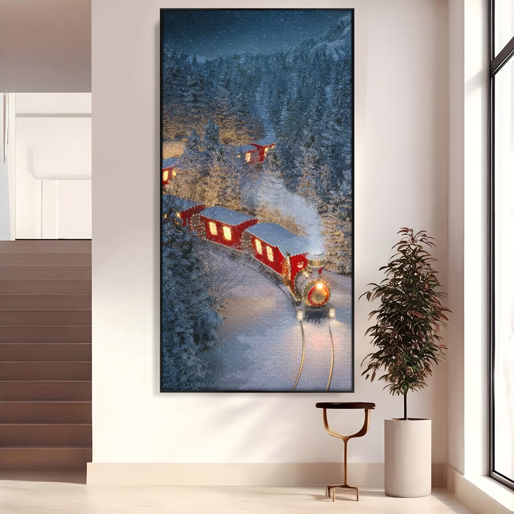 Tablou Canvas Premium LuxCanva® D1000, Trenul lui Mos Craciun , Relaxare, Craciun, Cadouri, Rosu, Zapada, Camera Copii, Culori Vibrante
