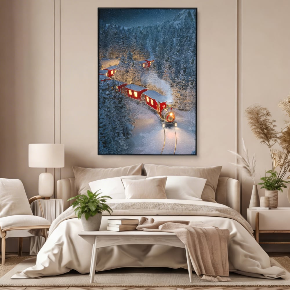 Tablou Canvas Premium LuxCanva® D1000, Trenul lui Mos Craciun , Relaxare, Craciun, Cadouri, Rosu, Zapada, Camera Copii, Culori Vibrante