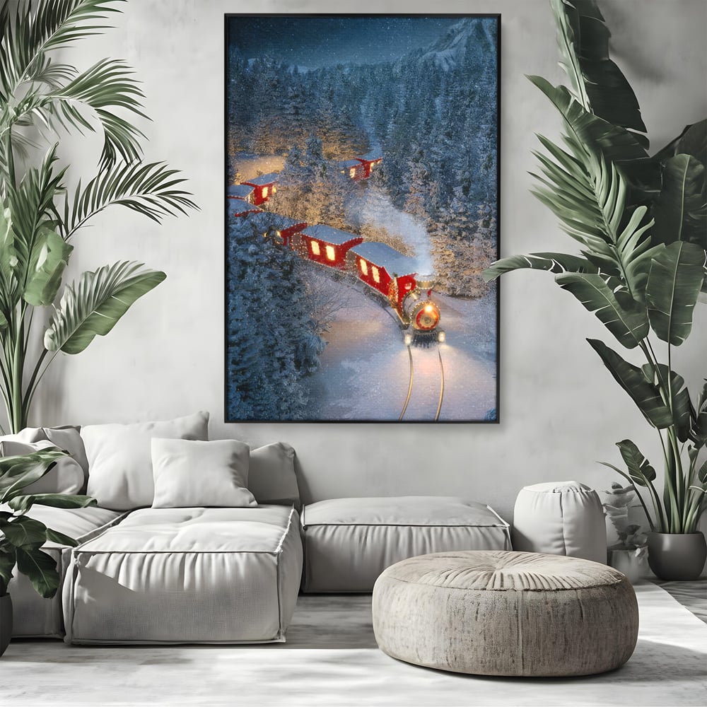 Tablou Canvas Premium LuxCanva® D1000, Trenul lui Mos Craciun , Relaxare, Craciun, Cadouri, Rosu, Zapada, Camera Copii, Culori Vibrante