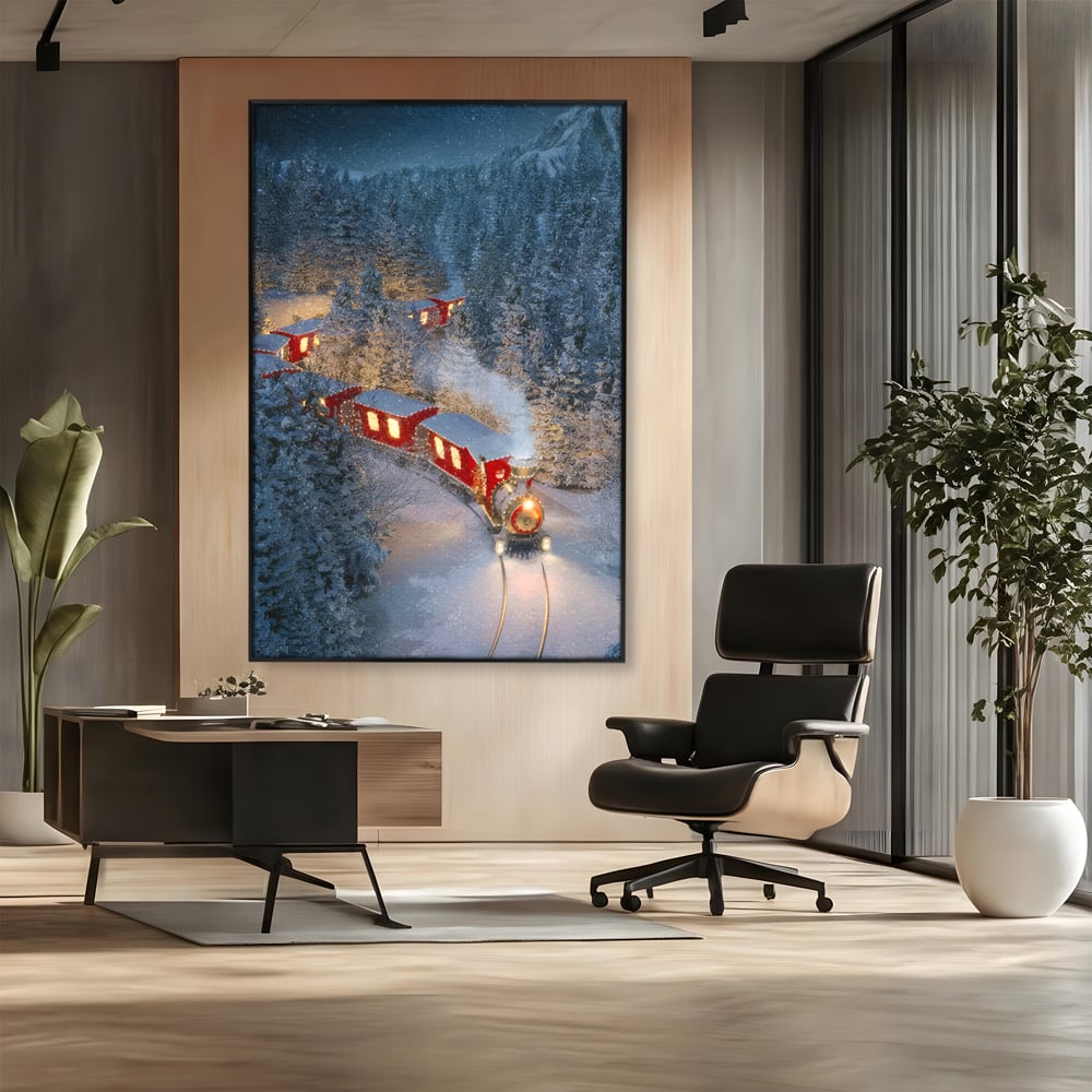 Tablou Canvas Premium LuxCanva® D1000, Trenul lui Mos Craciun , Relaxare, Craciun, Cadouri, Rosu, Zapada, Camera Copii, Culori Vibrante