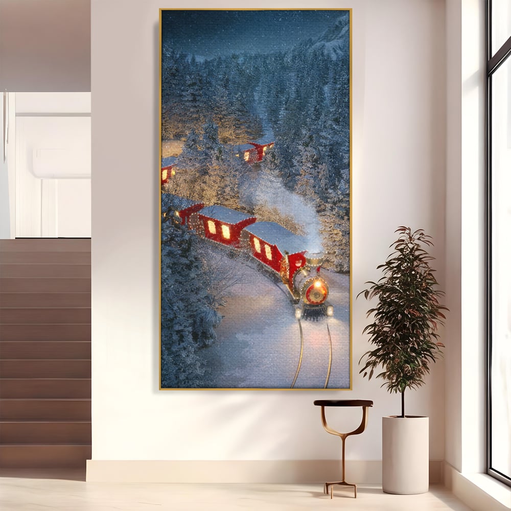 Tablou Canvas Premium LuxCanva® D1000, Trenul lui Mos Craciun , Relaxare, Craciun, Cadouri, Rosu, Zapada, Camera Copii, Culori Vibrante