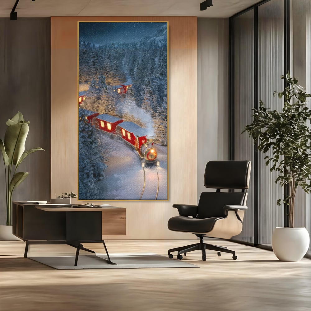 Tablou Canvas Premium LuxCanva® D1000, Trenul lui Mos Craciun , Relaxare, Craciun, Cadouri, Rosu, Zapada, Camera Copii, Culori Vibrante