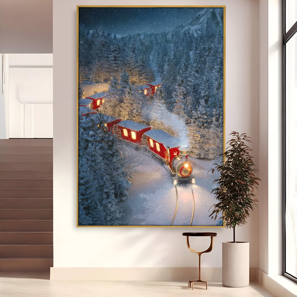 Tablou Canvas Premium LuxCanva® D1000, Trenul lui Mos Craciun , Relaxare, Craciun, Cadouri, Rosu, Zapada, Camera Copii, Culori Vibrante