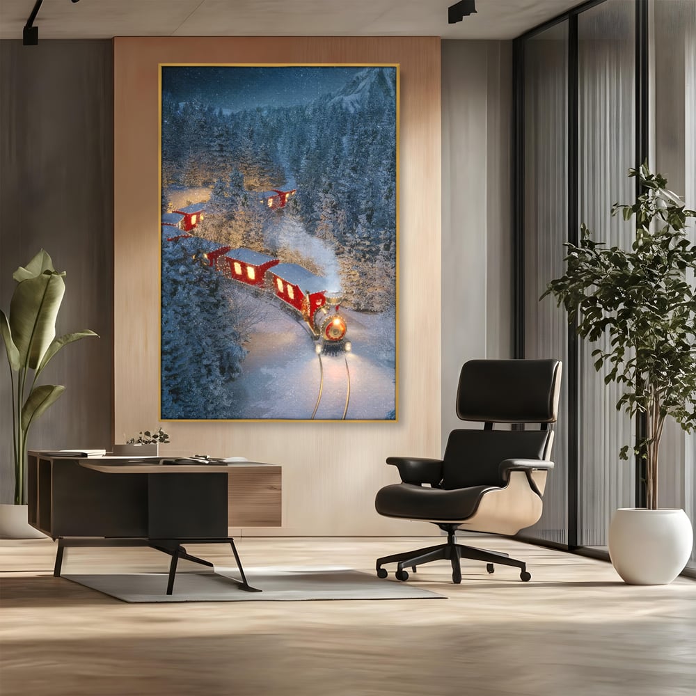Tablou Canvas Premium LuxCanva® D1000, Trenul lui Mos Craciun , Relaxare, Craciun, Cadouri, Rosu, Zapada, Camera Copii, Culori Vibrante