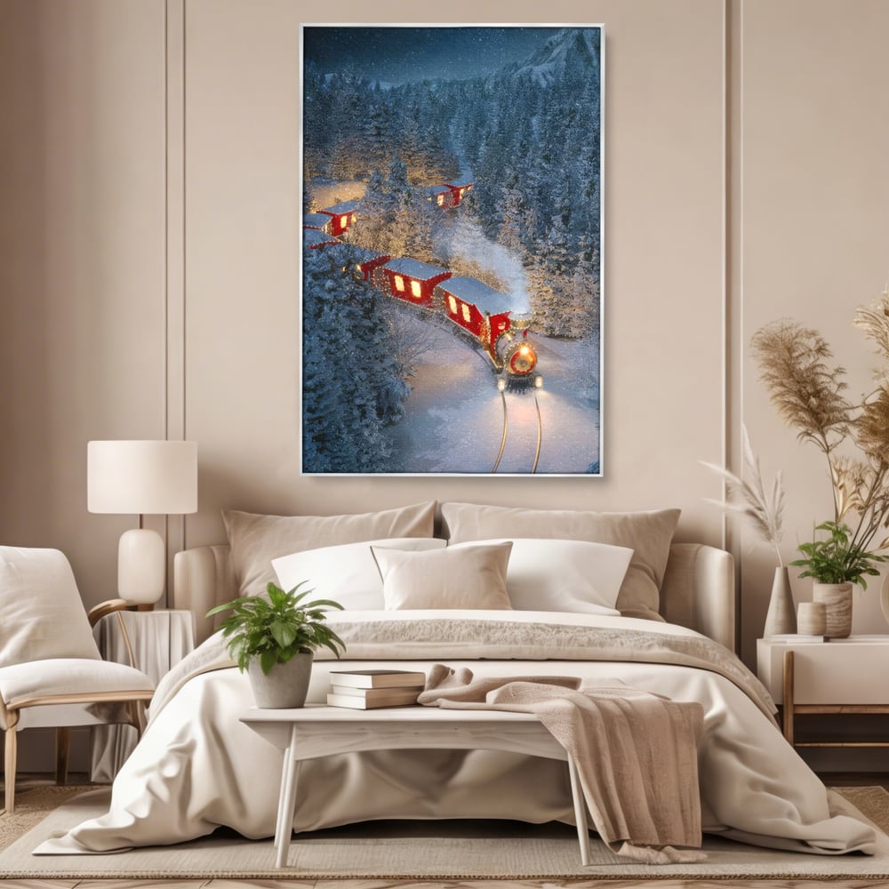 Tablou Canvas Premium LuxCanva® D1000, Trenul lui Mos Craciun , Relaxare, Craciun, Cadouri, Rosu, Zapada, Camera Copii, Culori Vibrante