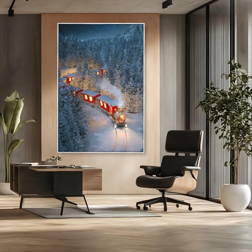 Tablou Canvas Premium LuxCanva® D1000, Trenul lui Mos Craciun , Relaxare, Craciun, Cadouri, Rosu, Zapada, Camera Copii, Culori Vibrante
