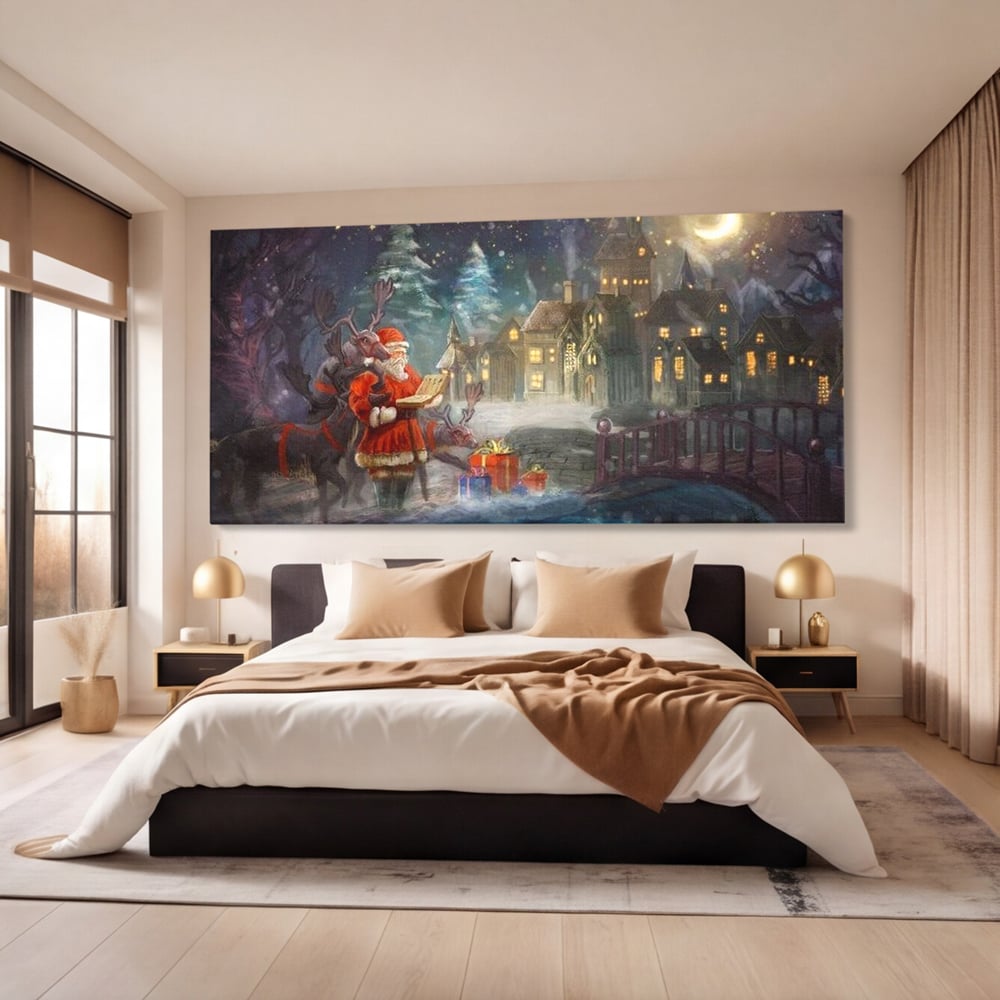 Tablou Canvas Premium LuxCanva® D1003, Lista lui Mos Craciun , Daruri, Reni, Munti, Alb, Ajun, Sanie, Camera copii, Dormitor