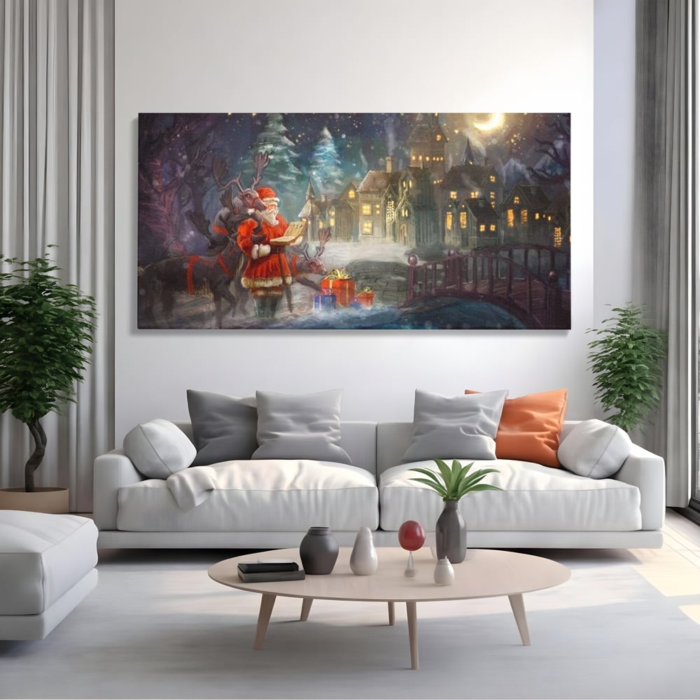 Tablou Canvas Premium LuxCanva® D1003, Lista lui Mos Craciun , Daruri, Reni, Munti, Alb, Ajun, Sanie, Camera copii, Dormitor