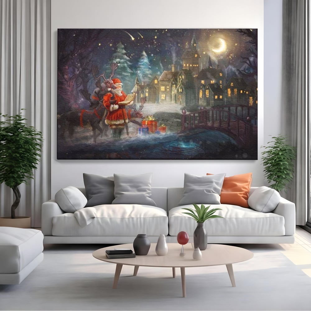 Tablou Canvas Premium LuxCanva® D1003, Lista lui Mos Craciun , Daruri, Reni, Munti, Alb, Ajun, Sanie, Camera copii, Dormitor