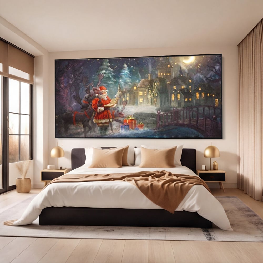 Tablou Canvas Premium LuxCanva® D1003, Lista lui Mos Craciun , Daruri, Reni, Munti, Alb, Ajun, Sanie, Camera copii, Dormitor