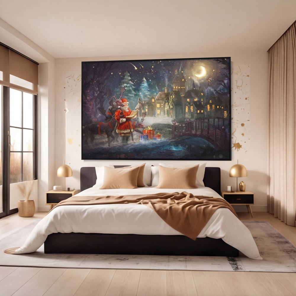 Tablou Canvas Premium LuxCanva® D1003, Lista lui Mos Craciun , Daruri, Reni, Munti, Alb, Ajun, Sanie, Camera copii, Dormitor
